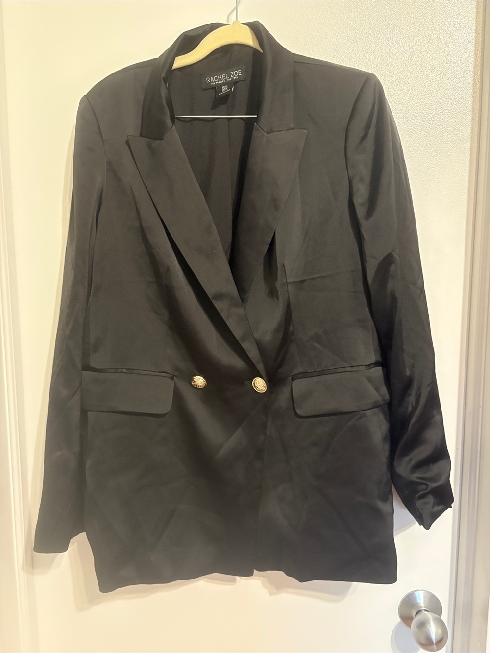 Rachel Zoe Black Satin like Double-Breasted Blazer with Silver Buttons